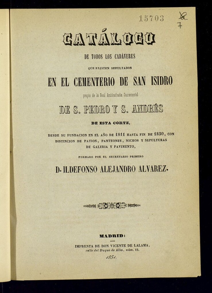 Miniatura de Catálogo de todos los cadáveres que existen sepultados en el cementerio de San Isidro propio de la Real Archicofradía Sacramental de San Pedro y San Andrés de esta corte