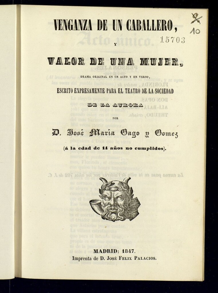 Miniatura de Venganza de un caballero y valor de una mujer : drama original en un acto y en verso : escrito expresamente para el Teatro de la Sociedad de la Aurora