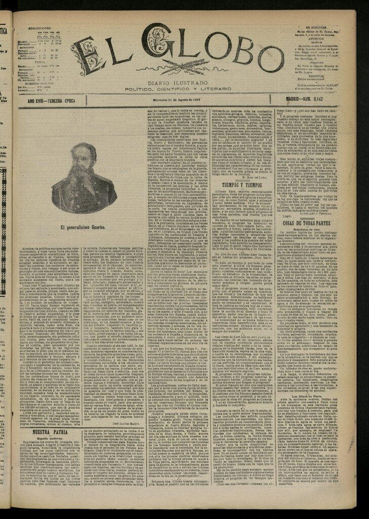 Miniatura de El Globo : diario ilustrado del 31 de agosto de 1892, nº 6142