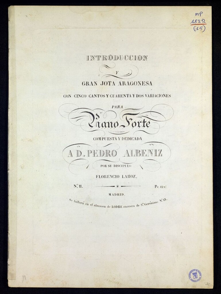 Miniatura de Introducción y gran jota aragonesa con cinco cantos y cuarenta y dos variaciones: para pianoforte compuesta y dedicada a Pedro Albeniz
