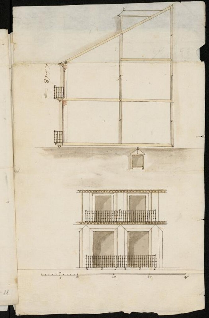 Miniatura de Trazas de la forma que se han de labrar los tejados de la Plaza en lugar de los terrados. Proyecto realizado por Gómez de Mora y G.B. Crescenzi (taller). Ventanas y buhardilla en la Plaza Mayor