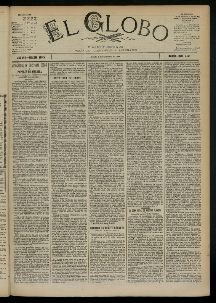 Miniatura de El Globo : diario ilustrado del 3 de septiembre de 1892, nº 6145