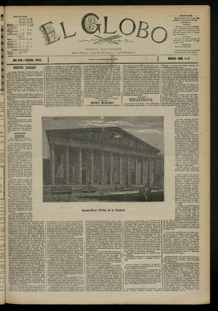 Miniatura de El Globo : diario ilustrado del 5 de septiembre de 1892, nº 6147