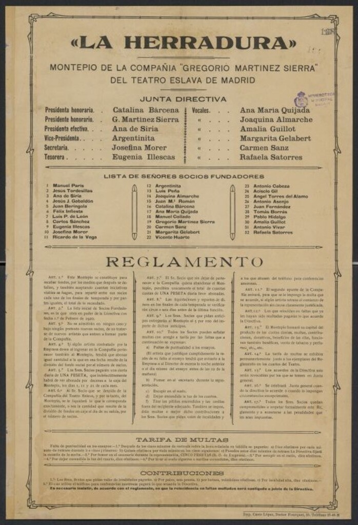 Miniatura de "La herradura" :[cartel] : montepío de la compañía "Gregorio Martínez Sierra" del Teatro Eslava de Madrid