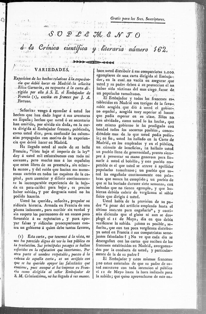 Miniatura de Exposición de los hechos relativos a la experiencia que debió hacer en Madrid la señorita Elisa Garnerin en respuesta a la carta dirigida por ella a S. E. el Embajador de Francia