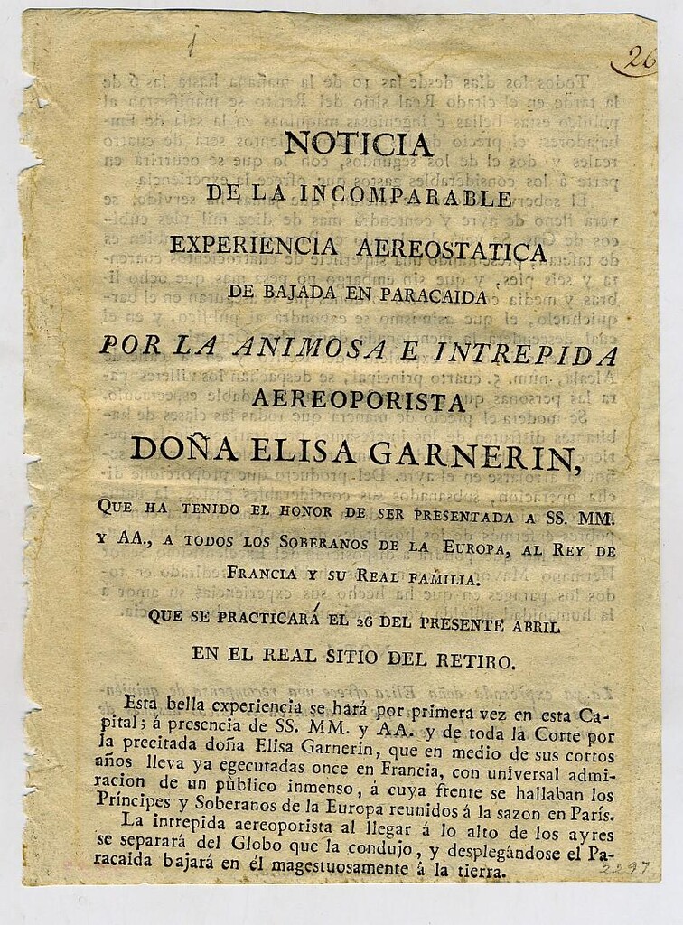 Miniatura de Noticia de la incomparable experiencia aerostática de bajada en paracaida por la animosa e intrépida aereoportista Doña Elisa Garnerin
