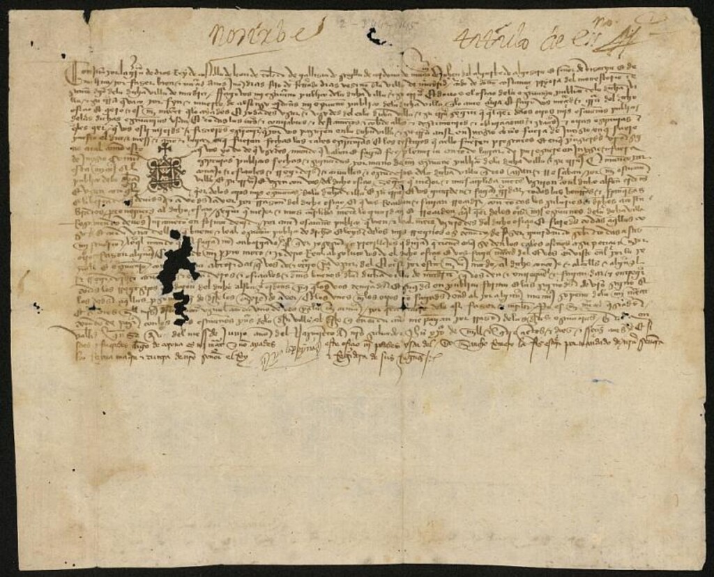 Miniatura de Provisión de Juan II firmada por la reina Doña Catalina nombrando a Juan Díaz, hijo de Fernando Díaz, vecino de Madrid y criado de doña Constanza, priora del monasterio de Santo Domingo, escribano público de la Villa, sustituyendo al difunto Alfonso Ordóñez