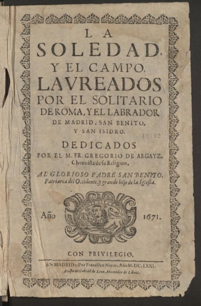 Miniatura de La soledad y el campo laureados por el solitario de Roma, y el labrador de Madrid, San Benito, y San Isidro ...