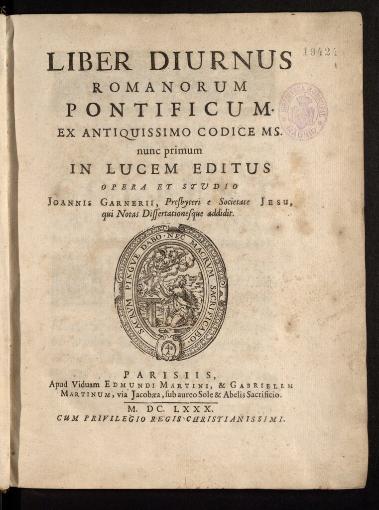 Miniatura de Liber diurnus romanorum pontificum ex antiquissimo codice ms. opera et studio Joannis Garnerii ... e Societate Jesu, qui notas dissertationesque addidit