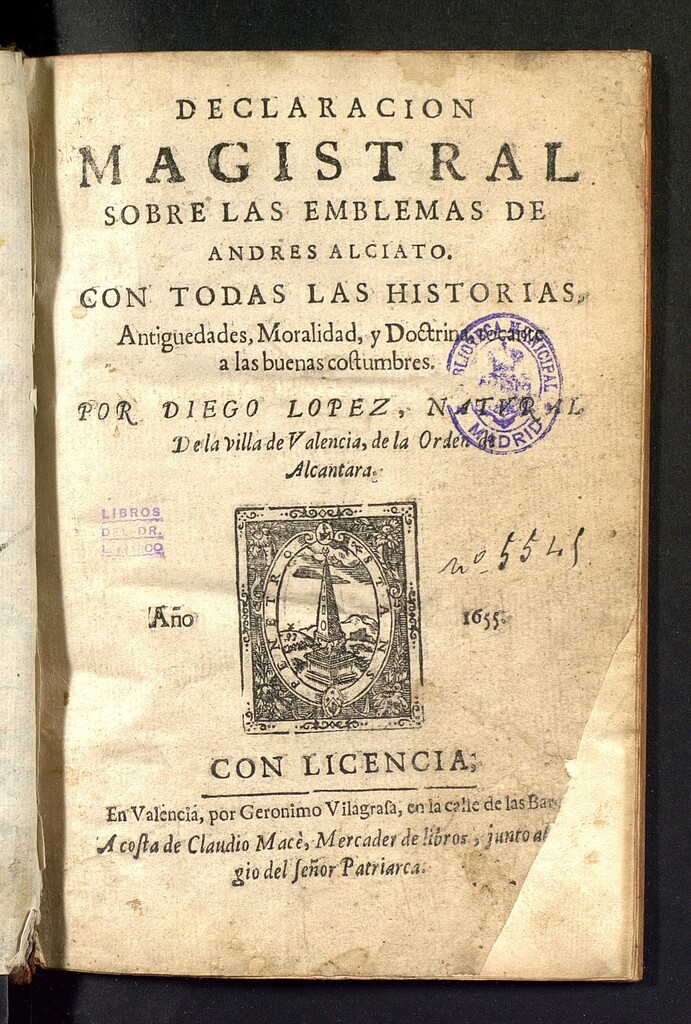Miniatura de Declaracion magistral sobre las [sic] Emblemas de Andres Alciato: con todas las historias, antiguedades, moralidad, y doctrina, tocante a las buenas costumbres