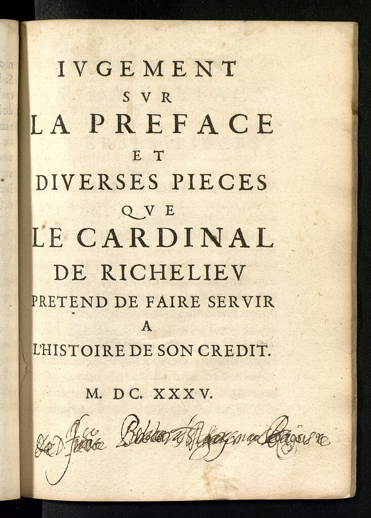 Miniatura de Iugement sur la preface et diverses pieces que le Cardinal de Richelieu pretend de faire servir a l'histoire de son credit
