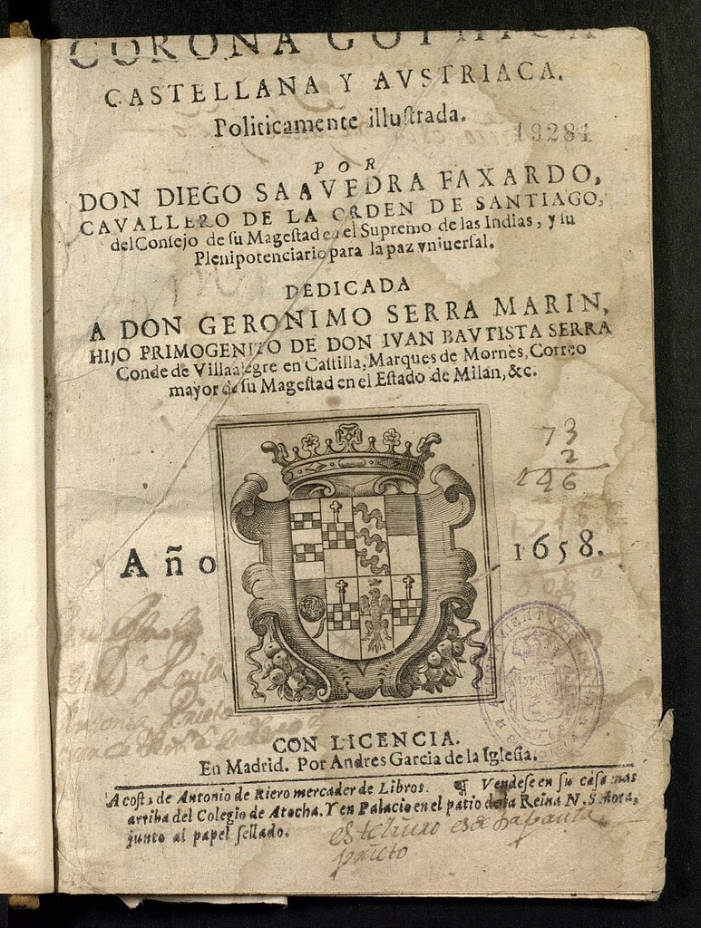 Miniatura de Corona gothica castellana y austriaca politicamente illustrada ... dedicada a Don Geronimo Serra Marin ...