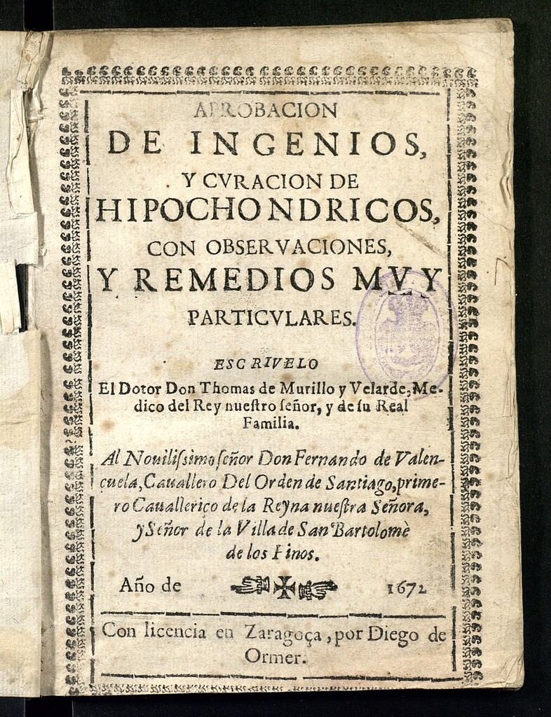 Miniatura de Aprobación de ingenios, y curación de hipochondricos con observaciones y remedios muy particulares