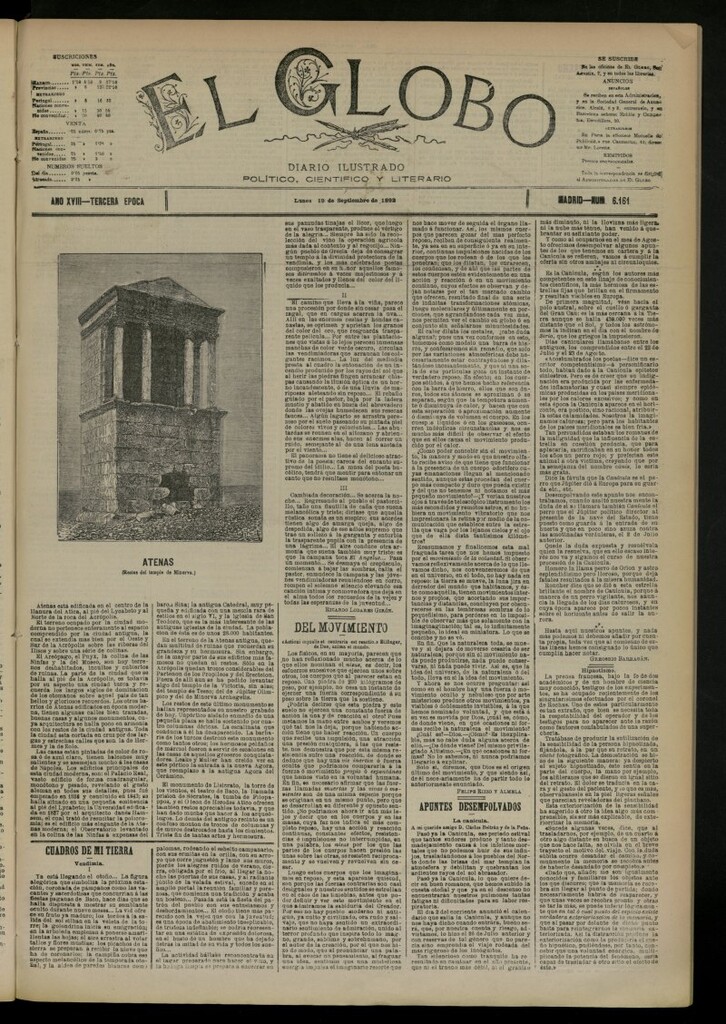 Miniatura de El Globo : diario ilustrado del 19 de septiembre de 1892, nº 6161