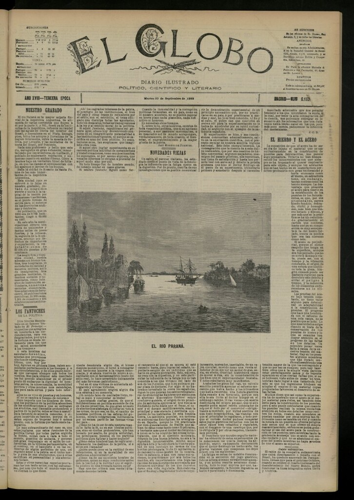 Miniatura de El Globo : diario ilustrado del 20 de septiembre de 1892, nº 6162