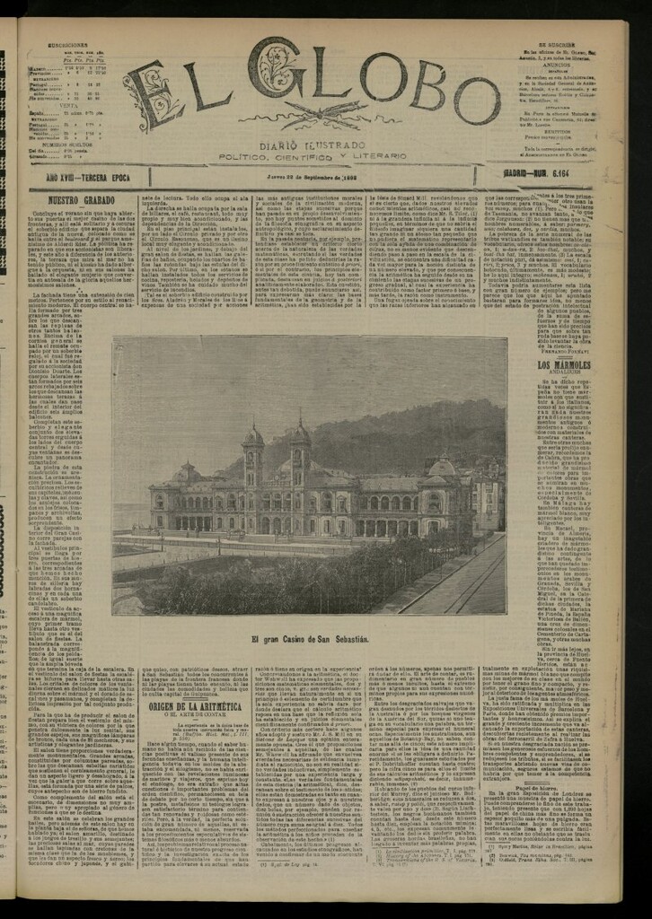 Miniatura de El Globo : diario ilustrado del 22 de septiembre de 1892, nº 6164