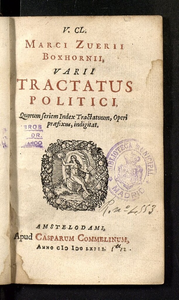 Miniatura de V. Cl. Marci Zuerii Boxhornii varii Tractatus politici : quorum seriem index tractatuum, operi praefixus indigitat