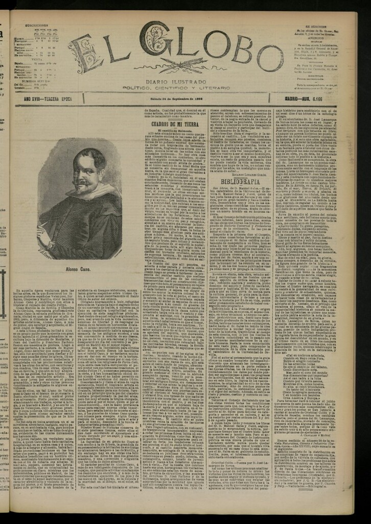 Miniatura de El Globo : diario ilustrado del 24 de septiembre de 1892, nº 6166