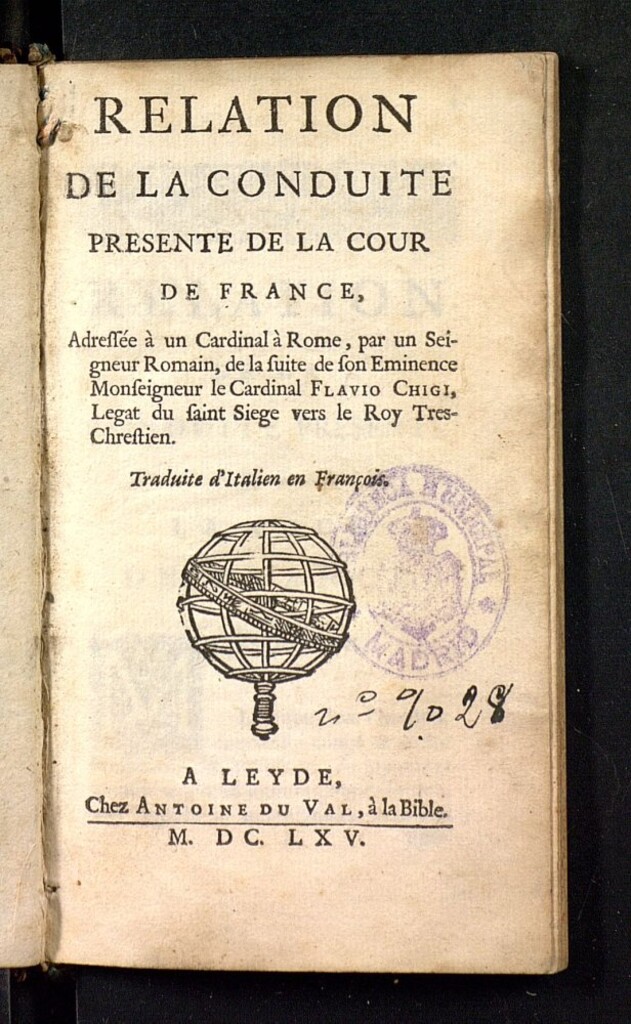 Miniatura de Relation de la conduite présente de la cour de France : adressée à un cardinal à Rome, par un seigneur romain de la suite de Son Éminence monseigneur le cardinal Flavio Chigi, légat du saint siège vers le roi très-chrétien