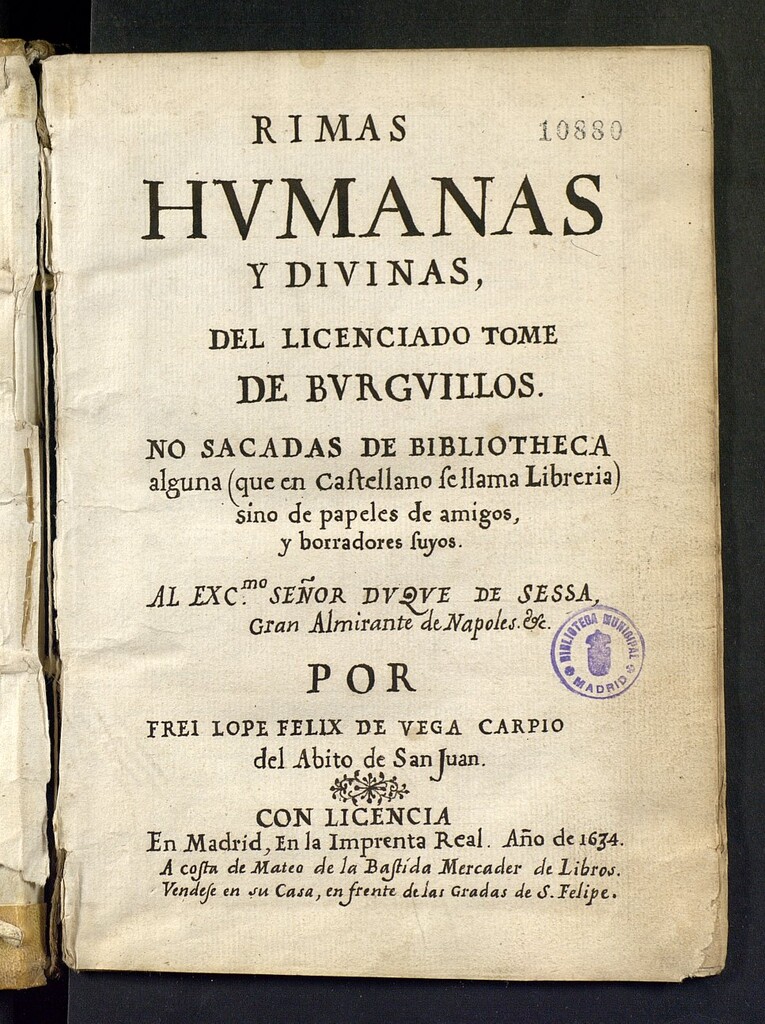 Miniatura de Rimas humanas y divinas del licenciado Tome de Burguillos : no sacadas de blibioteca [sic] ninguna (que en castellano se llama libreria) sino de papeles de amigos y borradores suyos ...