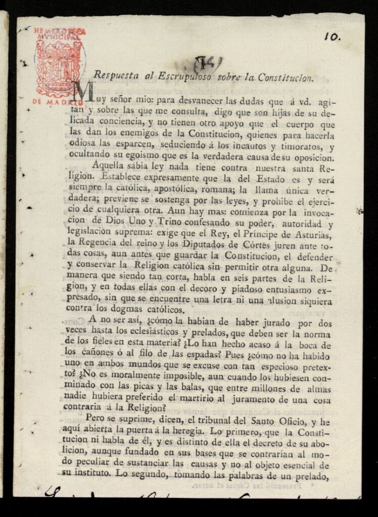 Miniatura de Respuesta al escrupuloso sobre la Constitucíón