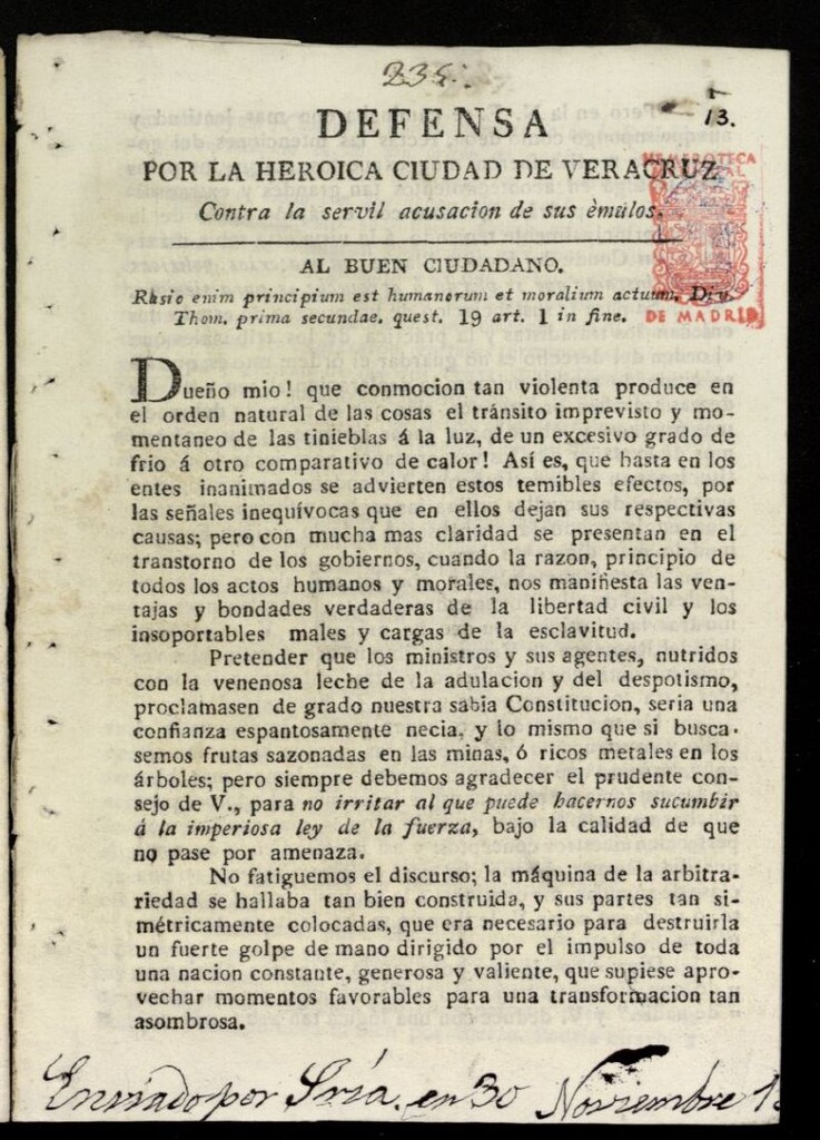 Miniatura de Defensa por la heroica ciudad de Veracruz contra la servil acusación de sus èmulos