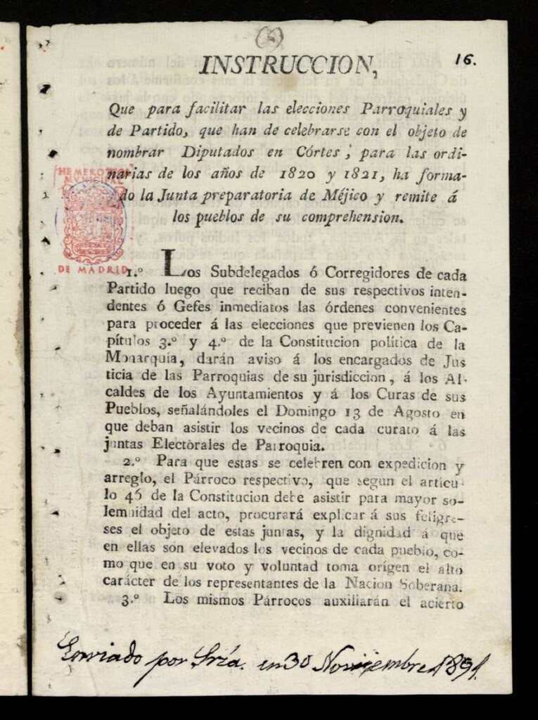 Miniatura de Instrucción que para facilitar las elecciones parroquiales y de Partido, que han de celebrarse con el objeto de nombrar diputados en Córtes, para las ordinarias de los años 1820 y 1821...