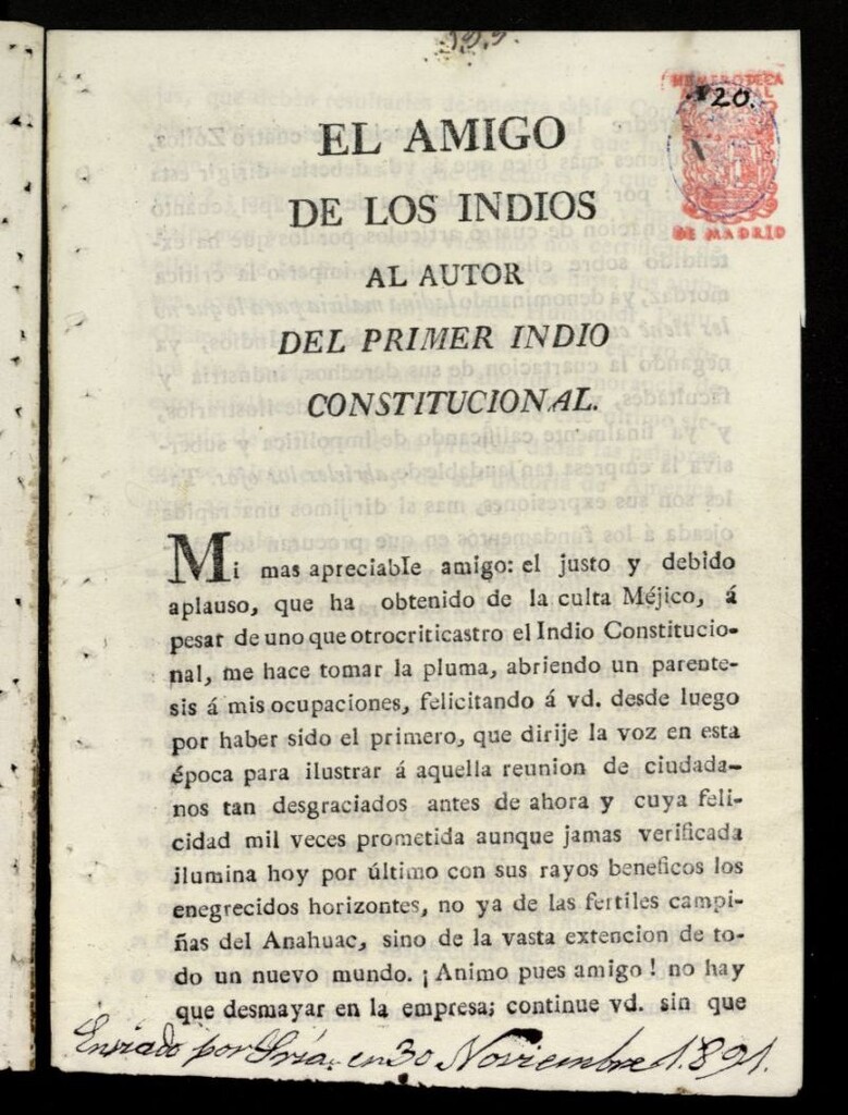 Miniatura de El amigo de los indios al autor del primer Indio Constitucional