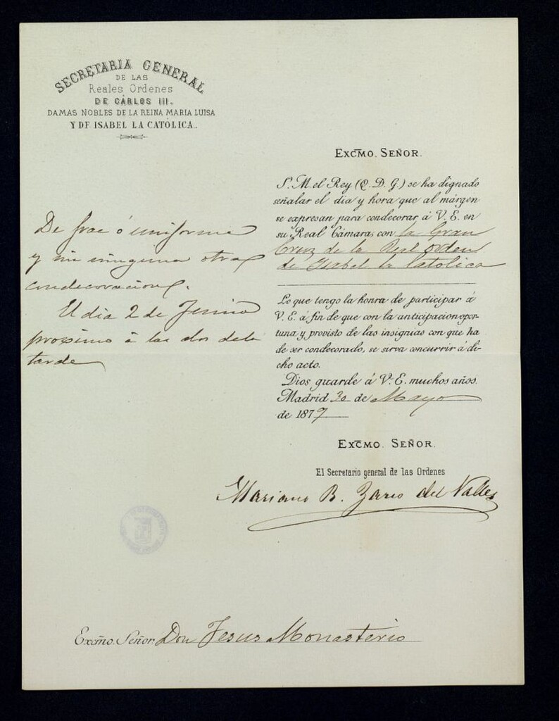 Miniatura de Carta de Mariano B. Zarco del Valle, secretario general de las Ordenes, comunicándole a Jesús de Monasterio, la fecha de la condecoración con la Gran Cruz de la Real Orden de Isabel la Católica