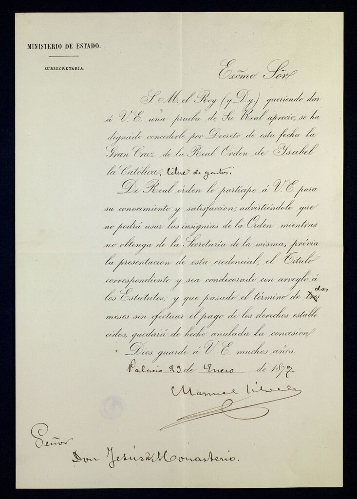 Miniatura de Carta de Manuel Librada, subsecretario del Ministerio de Estado, a Jesús de Monasterio, comunicandole la concesión de la Gran Cruz de la Real Orden de Isabel la Católica