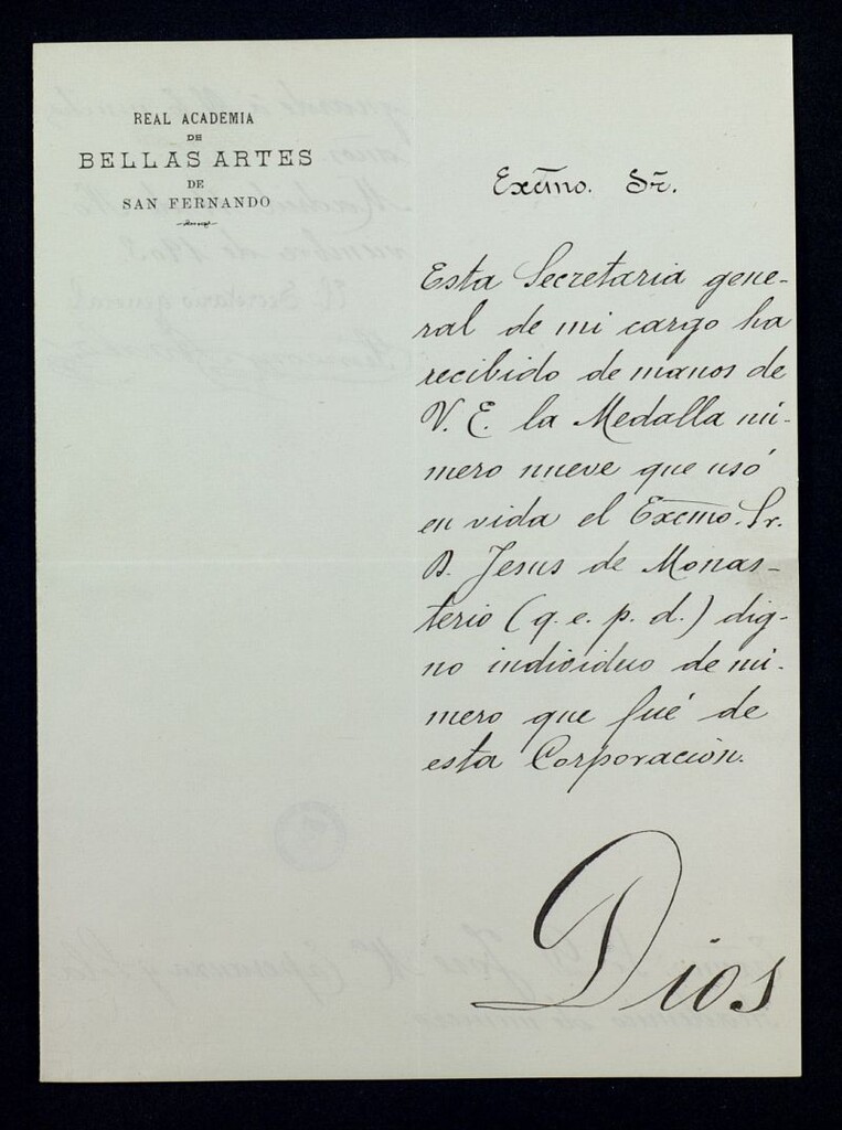 Miniatura de Carta de Simeón Avalos a José María Esperanza y Solá sobre la medalla de Jesús de Monasterio de la R.A.de BB. AA.