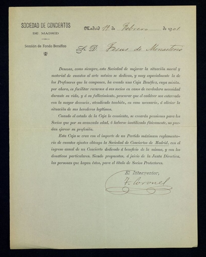 Miniatura de Carta del Interventor de la Sociedad de Conciertos de Madrid 1901