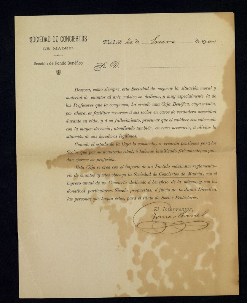 Miniatura de Carta del Interventor de la Sociedad de Conciertos de Madrid, 1900