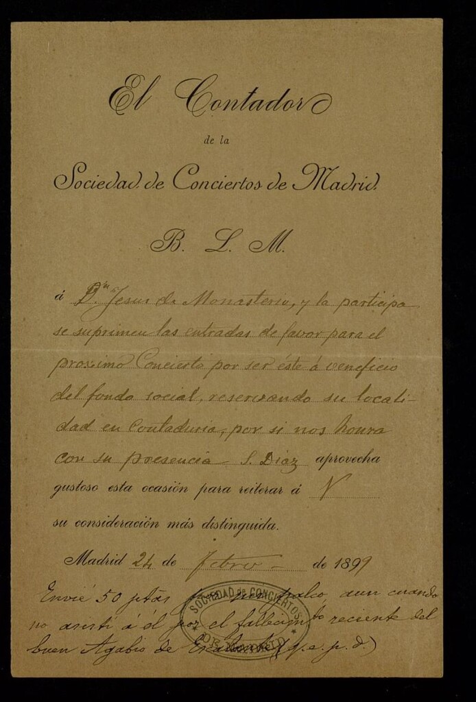 Miniatura de Carta del Contador de la Sociedad de Conciertos de Madrid, 1899