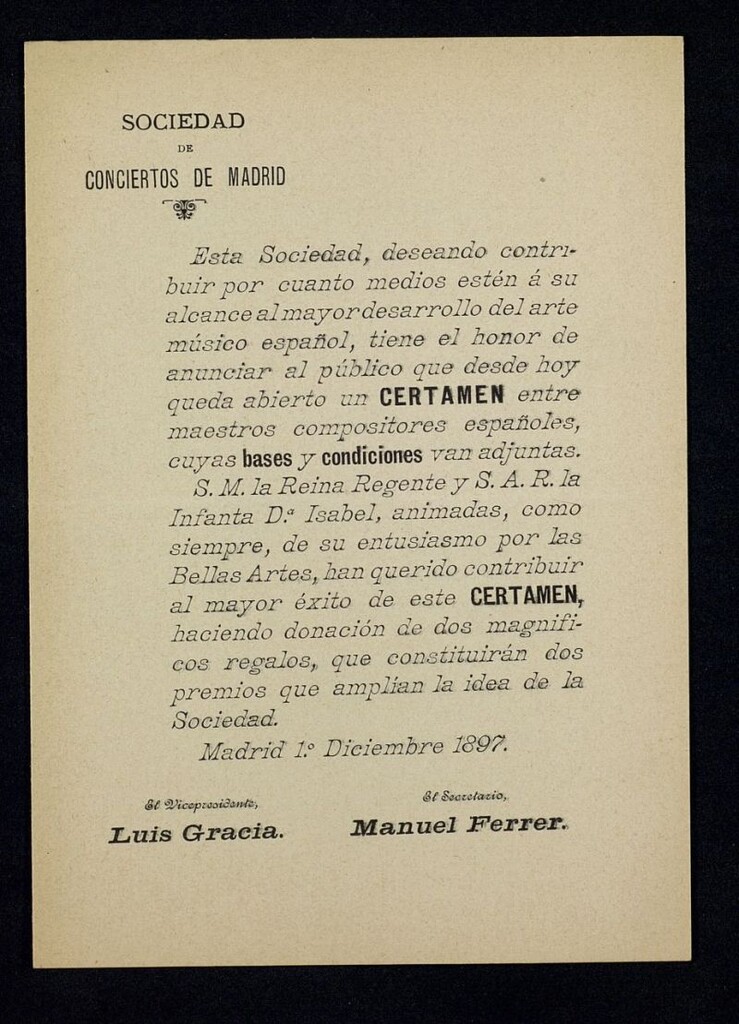 Miniatura de Certamen [de composición]: Bases y condiciones, 1897