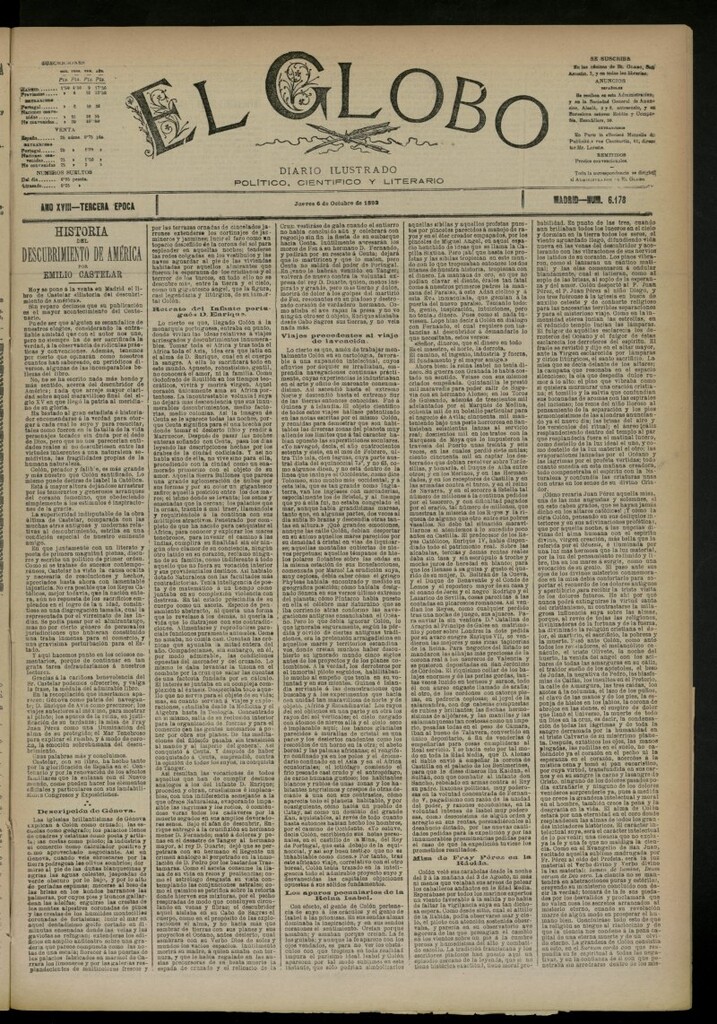Miniatura de El Globo : diario ilustrado del 6 de octubre de 1892, nº 6178