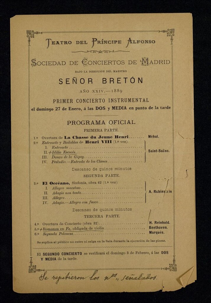 Miniatura de Programas de Conciertos. Año XXIV: Teatro del Príncipe Alfonso, 1889