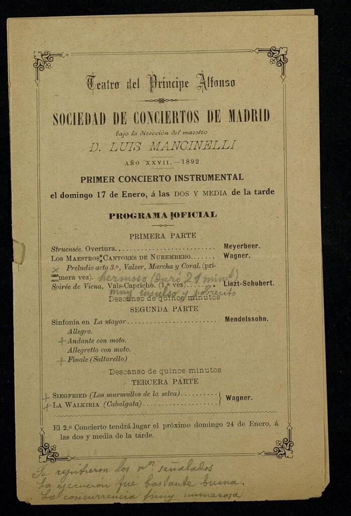 Miniatura de Programas de Conciertos. Año XXVII: Teatro del Príncipe Alfonso, 1892
