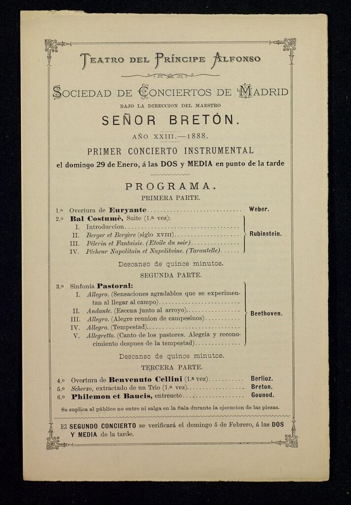 Miniatura de Programas de Conciertos. Año XXIII: Teatro del Príncipe Alfonso, 1888