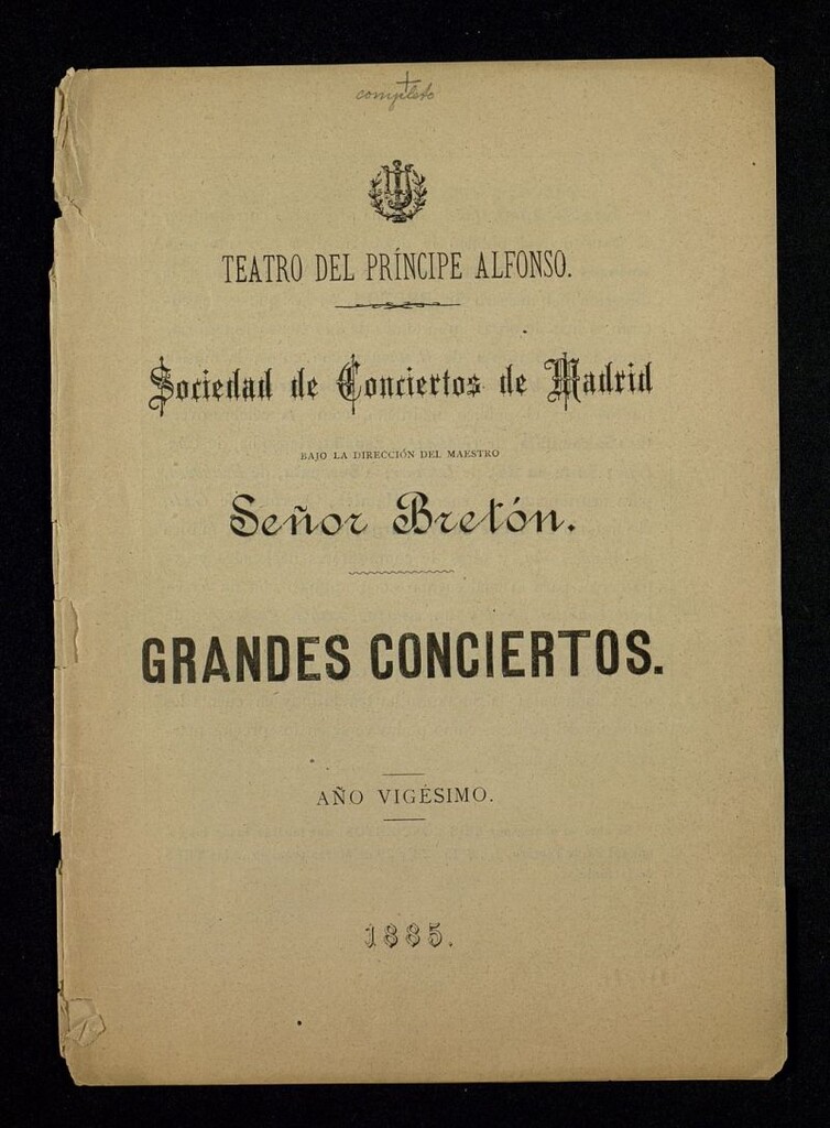 Miniatura de Grandes Conciertos. Año XX. Teatro del Principe Alfonso, 1885