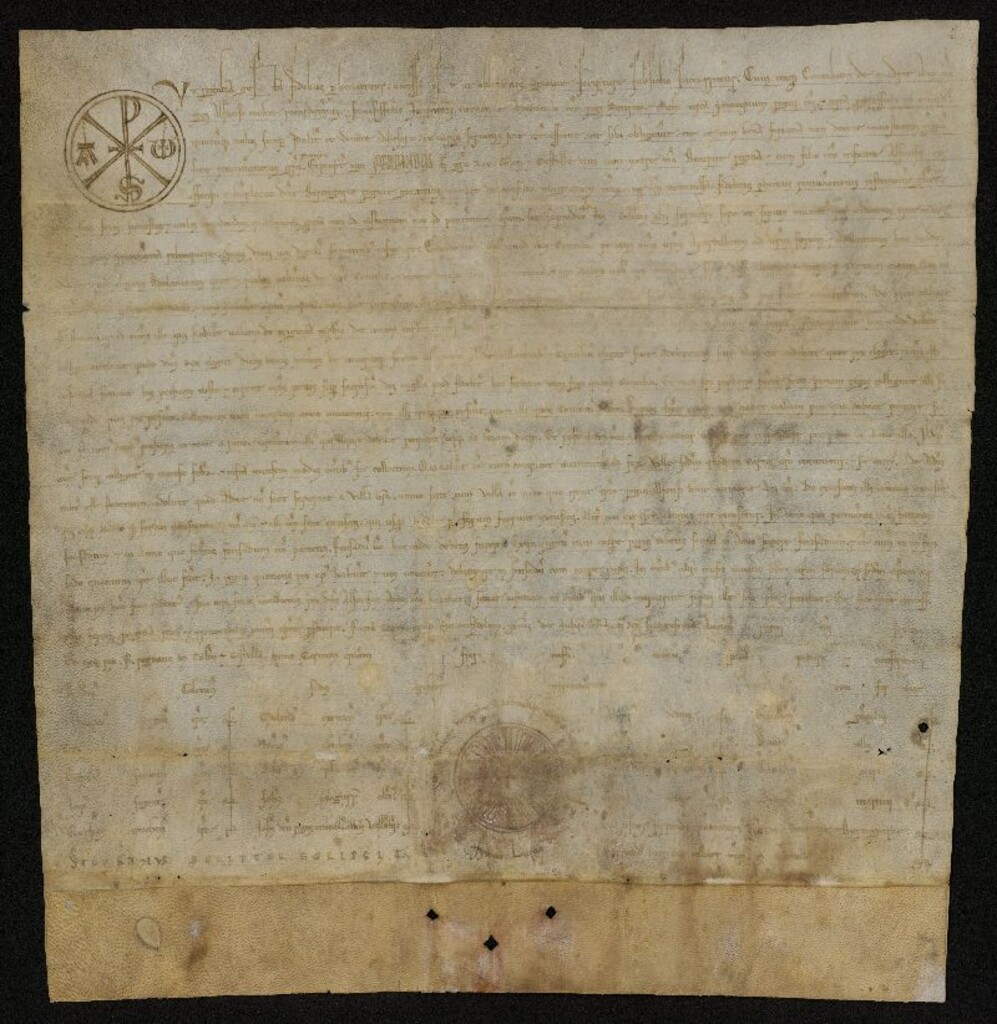 Miniatura de Privilegio rodado de Fernando III concediendo al Concejo de Madrid facultad para elegir aportelados y adelantados, dando nuevas normas sobre recogida de impuestos y servicio de fonsado y confirmando en lo demás el Fuero antiguo