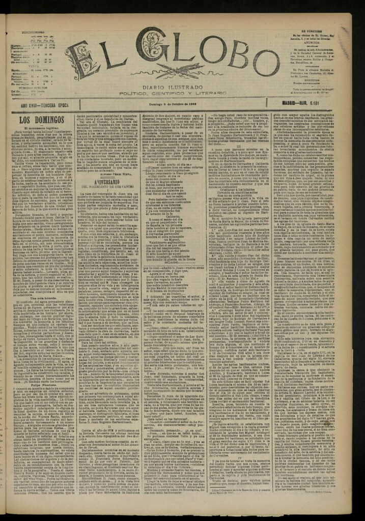 Miniatura de El Globo : diario ilustrado del 9 de octubre de 1892, nº 6181