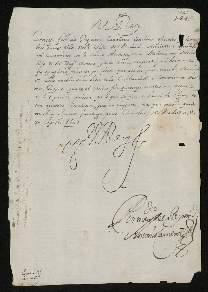 Miniatura de Carta del Rey Felipe IV a Madrid dando cuenta de su ajustado casamiento con la Archiduquesa Mariana su sobrina
