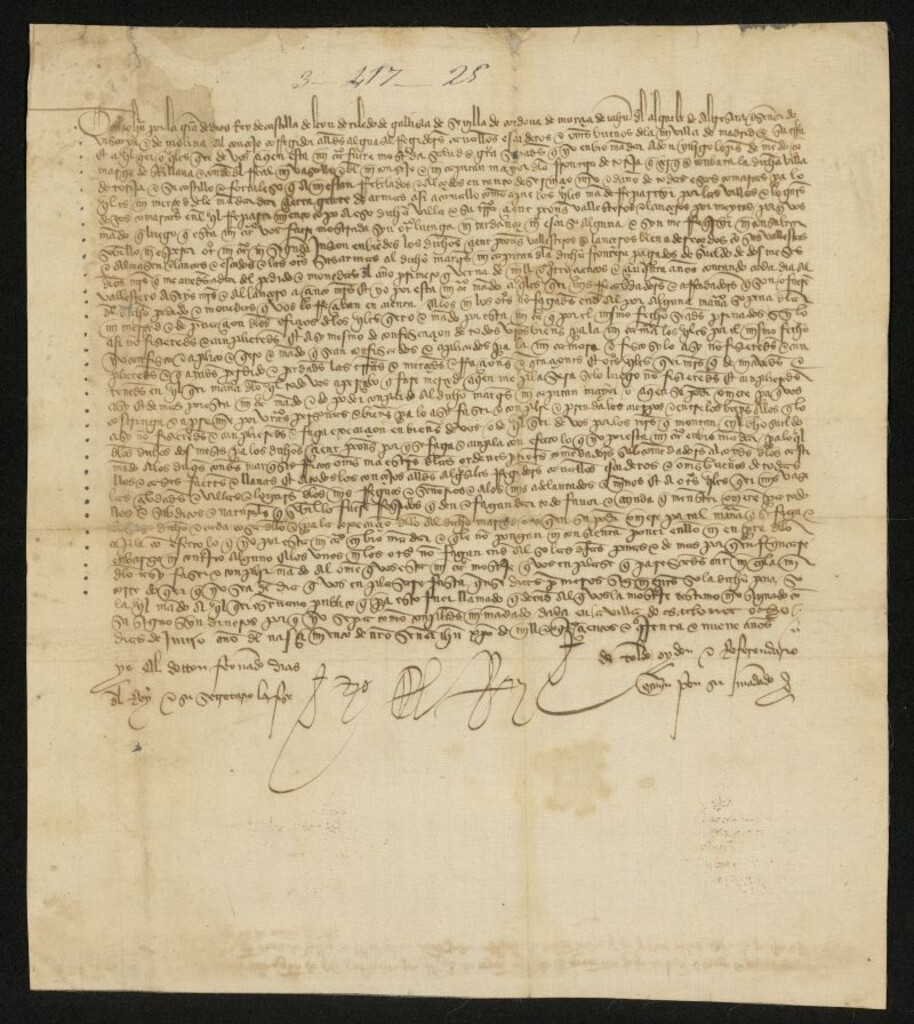 Miniatura de Provisión de Juan II ordenando a la Villa de Madrid el envío de cien hombres, peones, ballesteros y lanceros bien armados en ayuda del marqués de Santillana, en el cerco de Torija