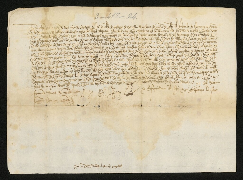 Miniatura de Provisión de Juan II ordenando a los caballeros y escuderos de la Villa de Madrid marchen a servir al ejército real en Toledo