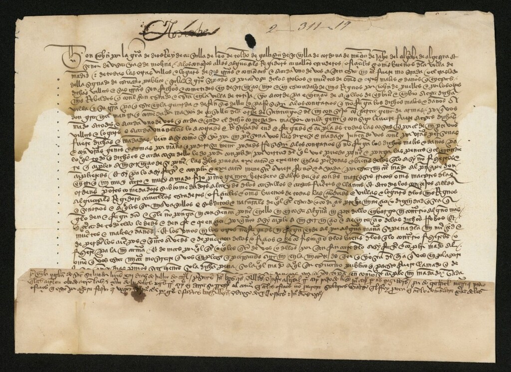 Miniatura de Provisión de Juan II mandando que todas las justicias delas ciudades y villas del reino obedezcan y den auxilio al comendador, don Gabriel Manrique, contra Juan Puelles y otros rebeldes encastillados en la villa de Torija