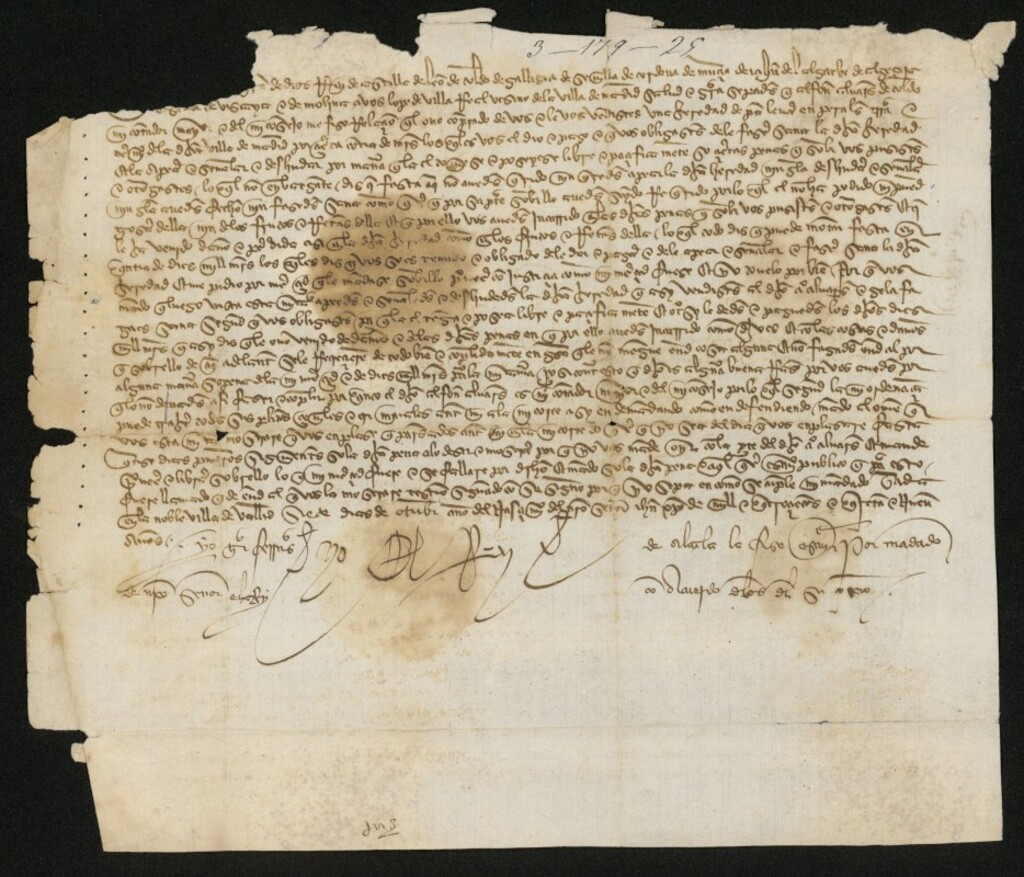 Miniatura de Provisión de Juan II ordenando a Lope de Villarreal apee, deslinde y libre de cargas la heredad que, junto a Perales, vendió a Álvarez de Toledo, contador mayor y le pague los diez mil maravedís de los daños que su negligencia ha provocado