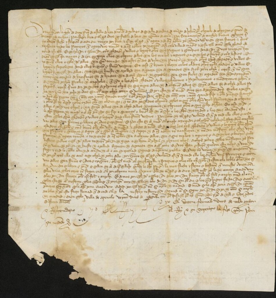 Miniatura de Provisión de Juan II eximiendo de toda clase de tributos a los renteros de Pero Fernández de Lorca, escribano de cámara, tanto en Madrid como en Toledo