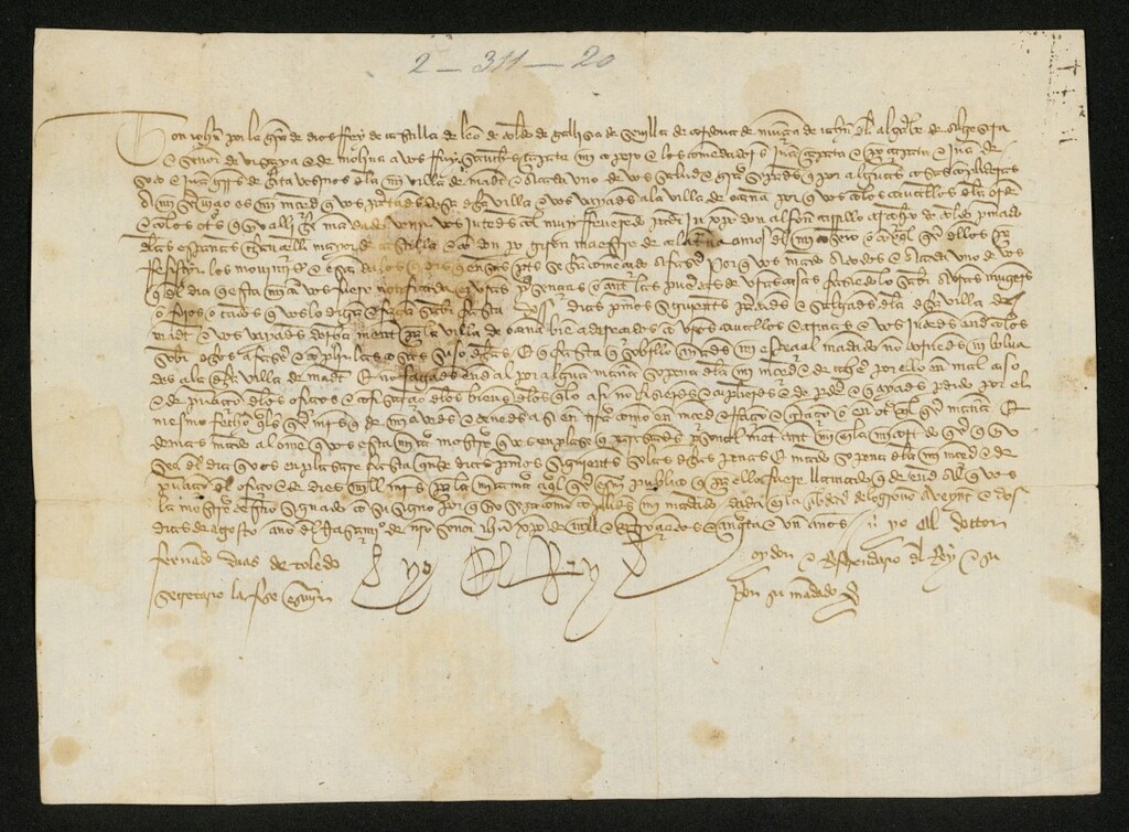 Miniatura de Provisión de Juan II ordenando a Ruy Sánchez Zapata, Juan Soto y Juan Gutiérrez de Hita, vecinos de Madrid, se reúnan en Ocaña con los caballeros de la Orden de Santiago y el arzobispo de Toledo, don Alfonso Carrillo y el maestre de Calatrava, Pedro Girón para cortar la rebelión