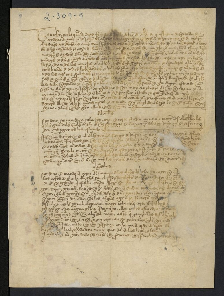Miniatura de Provisión de Juan II ordenando cumplir las ordenanzas hechas en las Cortes de Guadalajara regulando los oficios de Alcaldía, Alguacilazgo, Promotores de Justicia, Cárceles, Contadores, Consejo de Justicia, Consejo Secreto, Escribanos de Cámara, Oidores y Alcaldes. Aposentadores, Abogados, Corregidores y Oficios de Regimientos